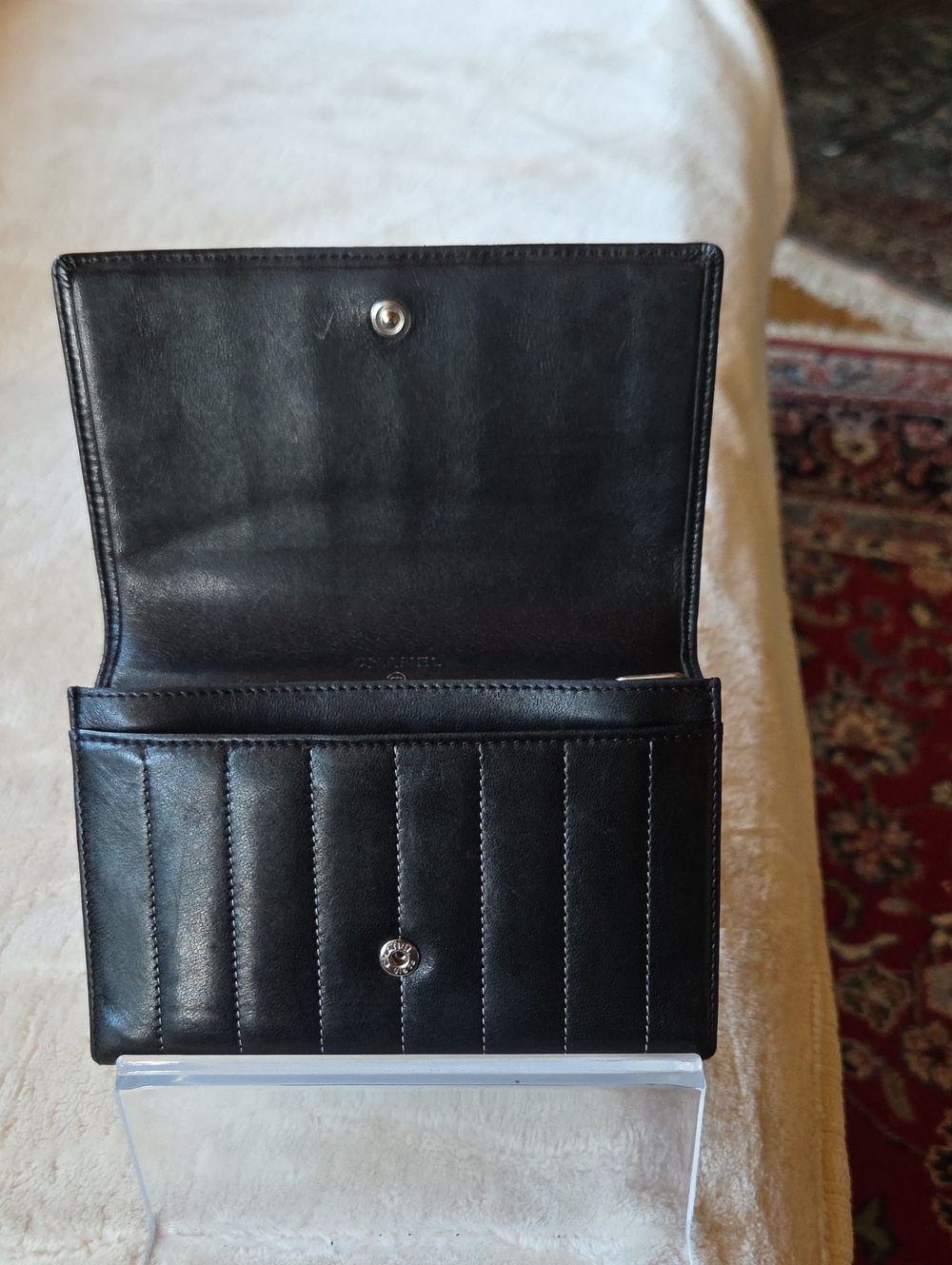 CHANEL Mademoiselle Black Vertical Quilted Leather Wallet with Silver CC Emblem - Picture 11 of 12